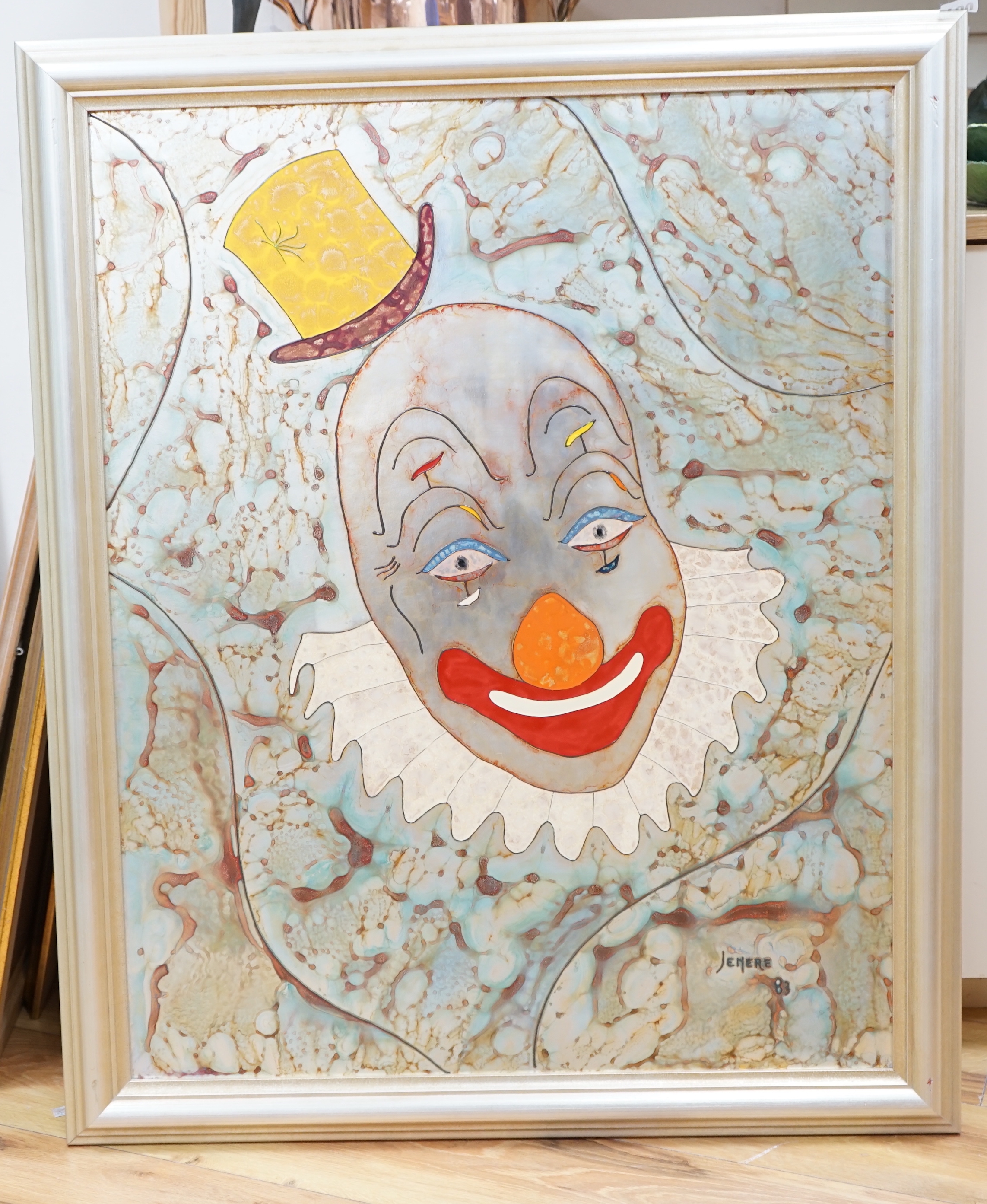 Jean-Philippe Jenere (French, b.1934), painted metal panel, 'Pierrot', signed and dated '83, 80 x 63cm. Provenance: Purchased Bangkok 1987